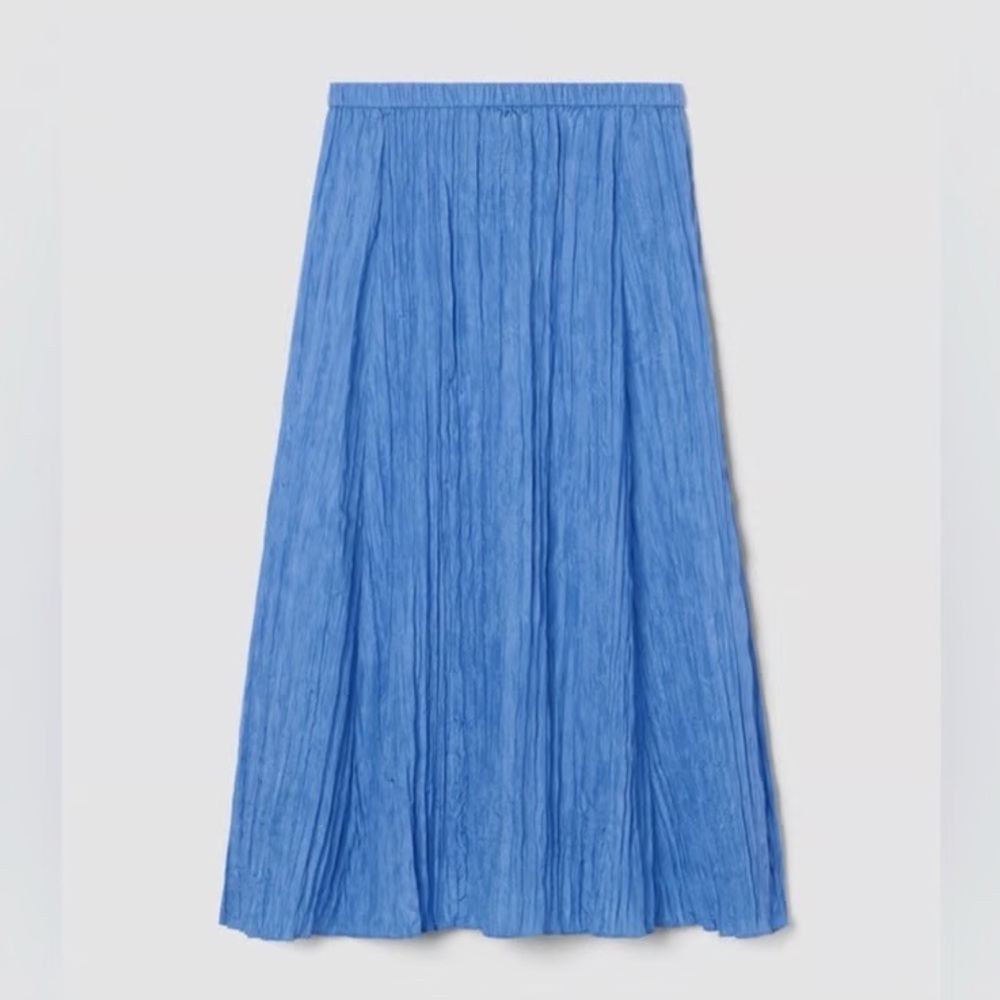 NWT Eileen Fisher Crushed 100% Silk Flared Skirt Ultramarine Sz L - Picture 3 of 6
